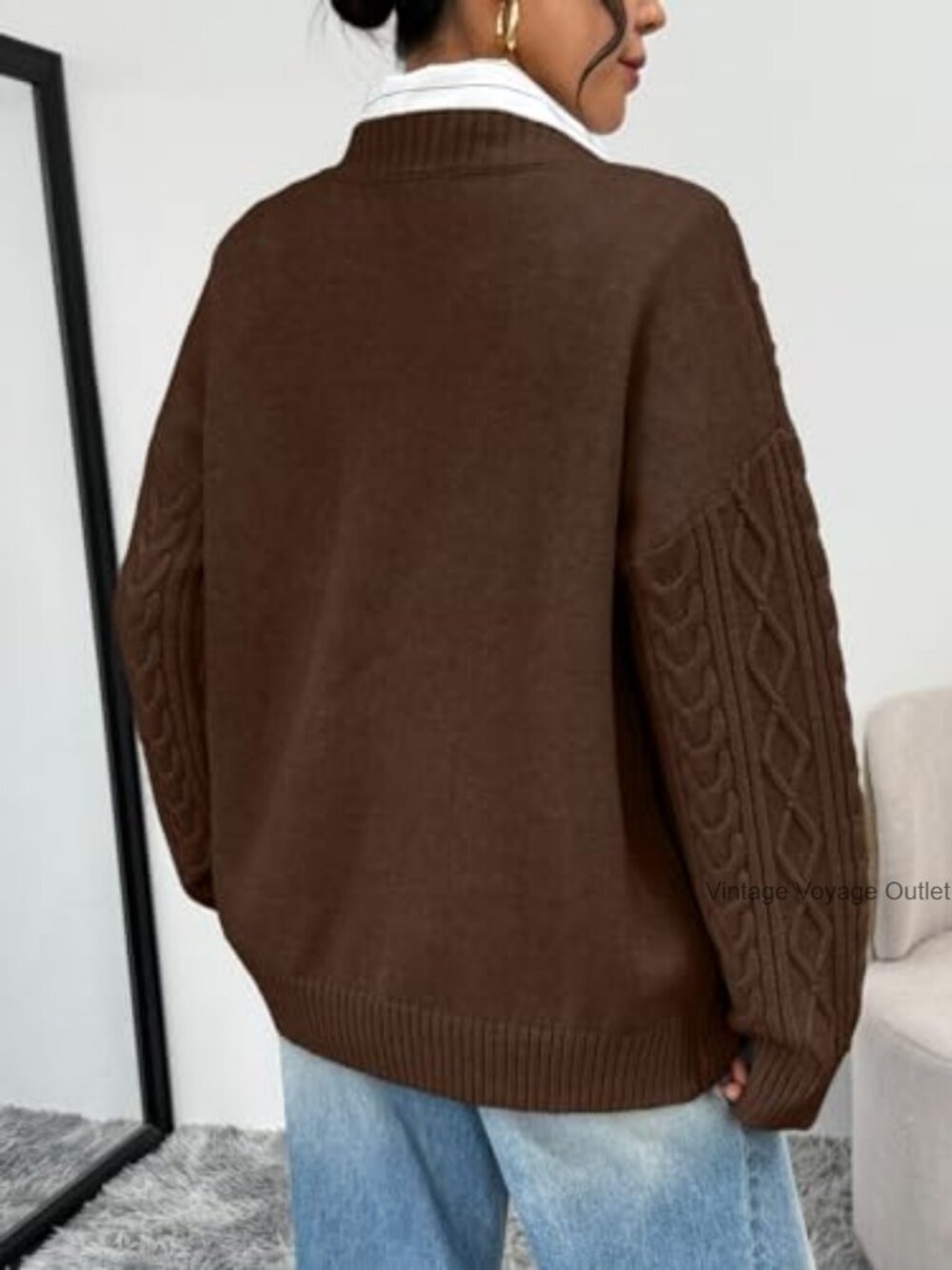 Oversized Cable Knit V-Neck Sweater Pullover Women's Winter Clothing - Picture 4 of 6